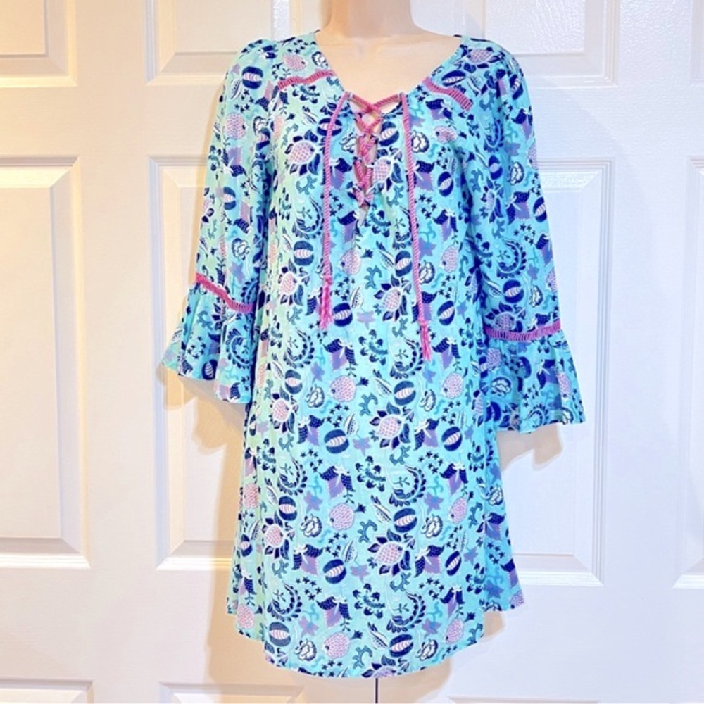 WILDFOX-Beach Dress-Swim Cover Up-Lattice Tie Front-Bugle Sleeves-Cotton-Sz M